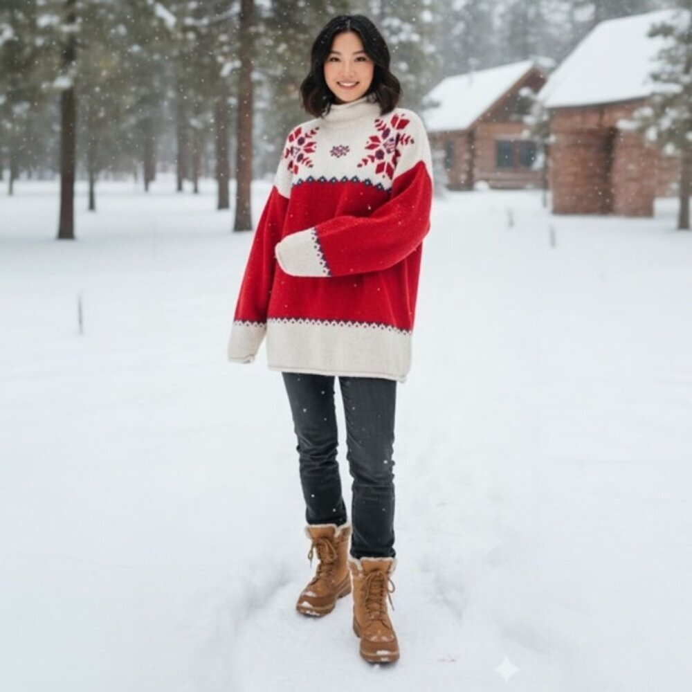 Eddie Bauer Vintage 90s Nordic Wool Heavy Knit Sweater Red Tan Hi Funnel Neck L